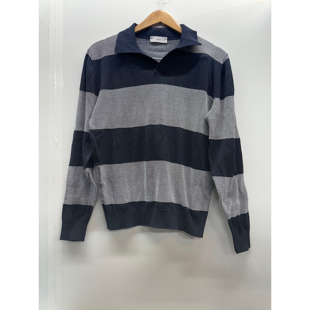 MNG Mango Man Mens Navy Blue White Striped Long Sleeve Polo Sweater Size M